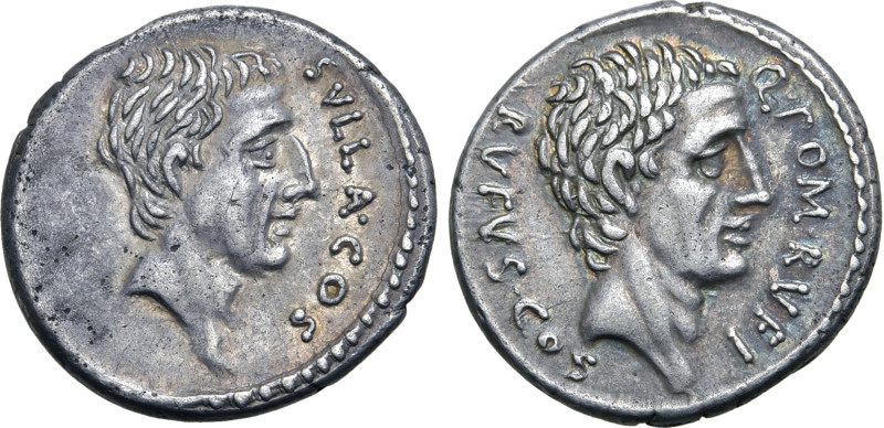 Q. Pompeius Rufus AR Denarius. Rome, 54 BC. Head of Sulla to right, SVLLA•COS do...