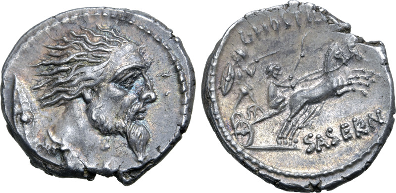 L. Hostilius Saserna AR Denarius. Rome, 48 BC. Head of Gallic captive to right; ...