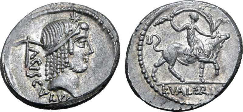 L. Valerius Acisculus AR Denarius. Rome, 45 BC. Head of Apollo to right; star ab...