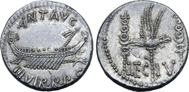 Marc Antony Legionary AR Denarius. Military mint moving with Antony, autumn 32 -...