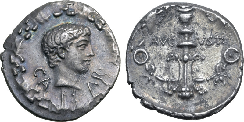 Augustus AR Denarius. Uncertain Eastern mint, 17 BC. Young, male head to right (...