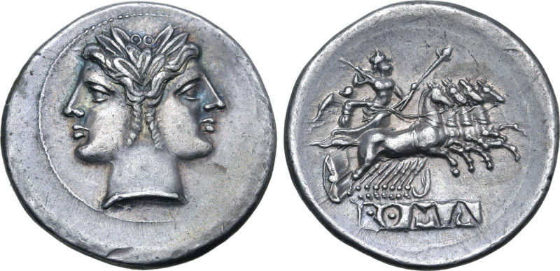 Anonymous AR Didrachm (Quadrigatus). Rome, circa 225-214 BC. Laureate head of Ja...