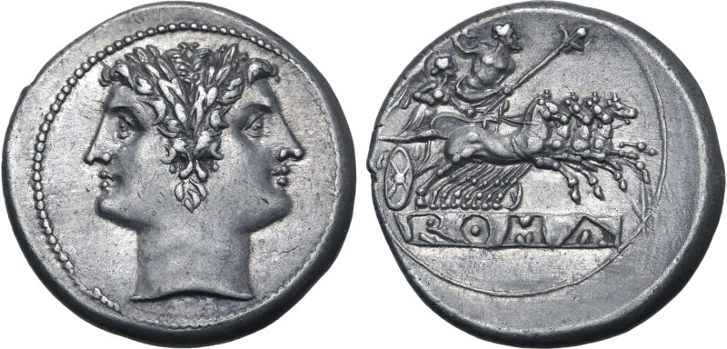 Anonymous AR Didrachm (Quadrigatus). Rome, circa 225-214 BC. Laureate head of Ja...