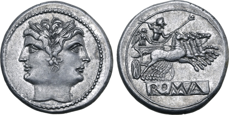 Anonymous AR Didrachm (Quadrigatus). Rome, circa 225-214 BC. Laureate head of Ja...