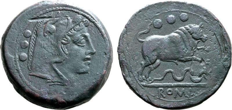 Anonymous Æ Quadrans. Rome, circa 217-215 BC. Head of Hercules to right, wearing...