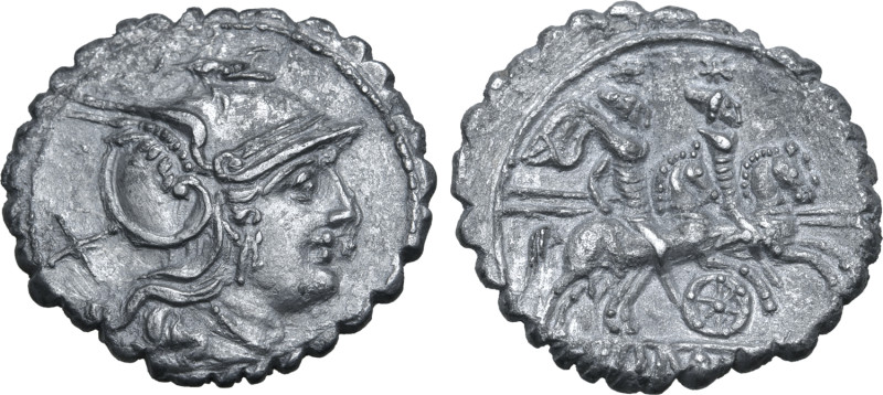 Wheel series AR Serrate Denarius. Sicily(?), 209-208 BC. Helmeted head of Roma t...