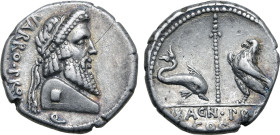 Cnaeus Pompey Magnus AR Denarius. Mint in Greece, 49-48 BC. Varro, proquaestor. Diademed terminal bust of Jupiter to right, VARRO•PRO•Q downwards behi...