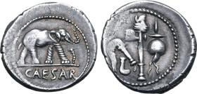Julius Caesar AR Denarius. Military mint travelling with Caesar, 49-48 BC. Elephant advancing to right, trampling on serpent; CAESAR in exergue / Embl...