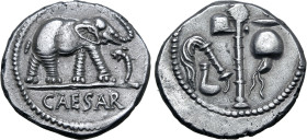 Julius Caesar AR Denarius. Military mint travelling with Caesar, 49-48 BC. Elephant advancing to right, trampling on serpent; CAESAR in exergue / Embl...