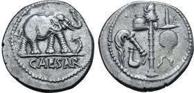 Julius Caesar AR Denarius. Military mint travelling with Caesar, 49-48 BC. Elephant advancing to right, trampling on serpent; CAESAR in exergue / Embl...