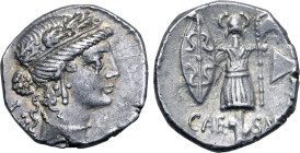 Julius Caesar AR Denarius. Military mint travelling with Caesar, 48-47 BC. Diademed female head to right, wearing oak-wreath; LII (Caesar's age) behin...