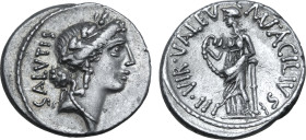 Man. Acilius Glabrio AR Denarius. Rome, 49 BC. Laureate head of Salus to right; SALVTIS upwards behind / Valetudo standing to left, resting arm on col...
