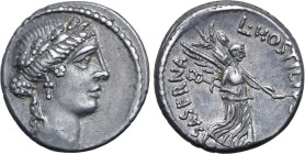 L. Hostilius Saserna AR Denarius. Rome, 48 BC. Female head to right, wearing oak wreath / Victory walking to right, holding caduceus and trophy over s...