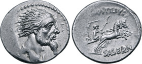 L. Hostilius Saserna AR Denarius. Rome, 48 BC. Head of Gallic captive to right; [Gallic shield] behind / Two warriors in biga to right: one driving, h...