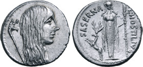 L. Hostilius Saserna AR Denarius. Rome, 48 BC. Female head to right; carnyx behind / Artemis standing facing, holding spear and placing hand on head o...