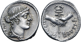 D. Iunius Brutus Albinus AR Denarius. Rome, 48 BC. Head of Pietas to right; PIETAS behind / Two hands clasped around winged caduceus; ALBINVS•BRVTI•F•...