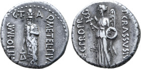 Q. Caecilius Metellus Pius Scipio AR Denarius. Utica, 47/46 BC. P. Licinius Crassus Junianus, legatus pro praetore. Q•METEL•PIVS on right, SCIPIO•IMP ...
