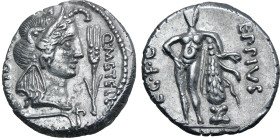 Q. Caecilius Metellus Pius Scipio AR Denarius. Military mint travelling with Scipio in Africa, 47-46 BC. Eppius, legate. Head of Africa to right, wear...