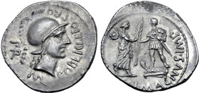 Cnaeus Pompey Junior AR Denarius. Corduba (Cordoba) mint, summer 46 - spring 45 BC. M. Poblicius, legate pro praetore. Helmeted head of Roma to right;...