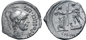 Cnaeus Pompey Junior AR Denarius. Corduba (Cordoba) mint, summer 46 - spring 45 BC. M. Poblicius, legate pro praetore. Helmeted head of Roma to right;...