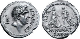 Cnaeus Pompeius Junior and M. Minatius Sabinus AR Denarius. Corduba, 46-45 BC. CN•MAGN IMP, head of Cnaeus Pompeius Magnus to right / Personification ...