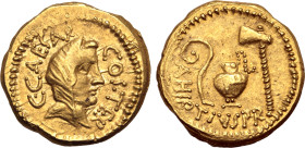 Julius Caesar AV Aureus. Rome, 46 BC. A. Hirtius, praetor. Veiled head of Vesta to right, C•CAESAR COS • TER around / Emblems of the augurate and pont...