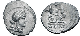 Julius Caesar AR Denarius. Military mint travelling with Caesar in Spain, 46-45 BC. Head of Venus to right, wearing stephane; Cupid behind shoulder / ...
