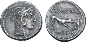 L. Papius Celsius AR Denarius. Rome, 45 BC. Head of Juno Sospita to right, wearing goat-skin headdress / She-wolf standing to right, placing stick on ...