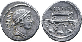 Lollius Palikanus AR Denarius. Rome, 45 BC. Pearl-diademed head of Libertas to right; LIBERT[AT]IS downwards behind / Rostra, on which stands subselli...