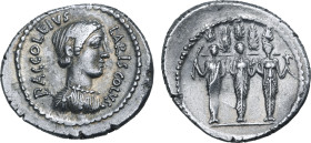 P. Accoleius Lariscolus AR Denarius. Rome, 43 BC. P•ACCOLEIVS LARISCOLVS, draped bust of Diana Nemorensis to right / Triple cult statue of Diana Nemor...
