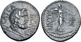 Q. Servilius Caepio (M. Junius) Brutus, with P. Servilius Casca Longus, AR Denarius. Military mint travelling with Brutus and Cassius in western Asia ...