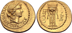 C. Cassius Longinus AV Aureus. Military mint (Smyrna?), spring 42 BC. Diademed head of Libertas to right; M•AQVINVS•LEG•LIBERTAS (TA ligate) around / ...