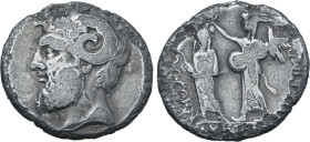 Q. Cornuficius AR Denarius. North African mint, possibly Utica, spring-early summer 42 BC. Head of Jupiter Ammon to left / Q. Cornuficius standing to ...