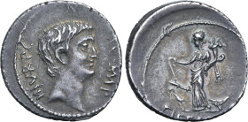 Marc Antony AR Denarius. Military mint moving with Antony in Asia Minor, 41 BC. Bare head to right, [ANT•AVG]•IMP•III•V•R•P•C / Fortuna Redux standing...
