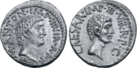 Marc Antony and Octavian AR Denarius. Southern or central Italian mint, late 40 - early 39 BC. M•ANTON•IMP•AVG•III•VIR•R•P•C, bare head of Antony to r...