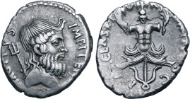 Sextus Pompey AR Denarius. Uncertain Sicilian mint, 42 BC. [MA]G PIVS IMP ITER, diademed and bearded head of Neptune to right; trident over shoulder /...