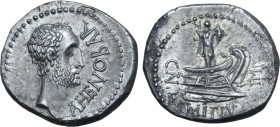 Cn. Domitius L. f. Ahenobarbus AR Denarius. Uncertain mint along the Adriatic or Ionian Sea, 41-40 BC. Bare head of Ahenobarbus to right, wearing shor...