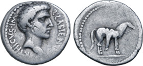 Quintus Labienus AR Denarius. Uncertain mint in south-eastern Asia Minor, early 40 BC. Q•LABIENVS•PARTHICVS•IMP, bare head to right / Horse standing t...