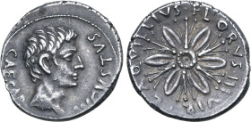 Augustus AR Denarius. Rome, 19-4 BC. L. Aquillius Florus, moneyer. CAESAR AVGVSTVS, bare head to right / L • AQVILLIVS • FLORVS • III • VIR •, open fl...