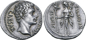 Augustus AR Denarius.Uncertain Spanish mint (Colonia Patricia?), circa 19 BC. CAESAR AVGVSTVS, bare head to right / Mars, helmeted and with chlamys be...