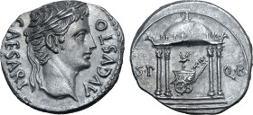 Augustus AR Denarius. Uncertain Spanish mint (Colonia Patricia?), circa 18 BC. CAESARI AVGVSTO, laureate head to right / Round domed tetrastyle temple...