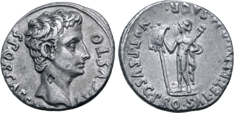 Augustus AR Denarius. Uncertain Spanish mint (Colonia Patricia?), July 18-16 BC....