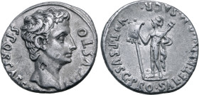 Augustus AR Denarius. Uncertain Spanish mint (Colonia Patricia?), July 18-16 BC. S P Q R CAESAR[I] AVGVSTO, bare head to right / VOT•P•SVSC•PRO•SAL•ET...