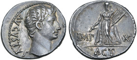 Augustus AR Denarius. Lugdunum, 15 BC. AVGVSTVS [DIVI•F], bare head to right / Apollo Citharoedus of Actium standing to left, holding plectrum and lyr...