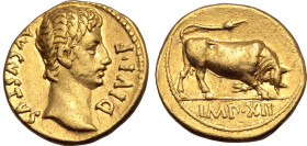 Augustus AV Aureus. Lugdunum, 11-10 BC. AVGVSTVS DIVI F, bare head to right / Bull butting to right; IMP XII in exergue. RIC I 176a; C. 152; BMCRE 468...