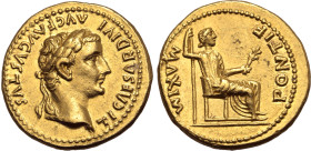 Tiberius AV Aureus. Lugdunum, AD 14-37. TI CAESAR DIVI AVG F AVGVSTVS, laureate head to right / PONTIF MAXIM, Livia, as Pax, seated to right on throne...