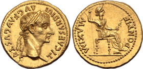 Tiberius AV Aureus. Lugdunum, AD 14-37. TI CAESAR DIVI AVG F AVGVSTVS, laureate head to right / PONTIF MAXIM, Livia, as Pax, seated to right on throne...