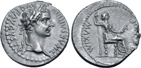 Tiberius AR Denarius. Lugdunum, AD 14-37. TI CAESAR DIVI AVG F AVGVSTVS, laureate head to right / [PONTIF] MAXIM, Livia, as Pax, seated to right on th...