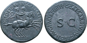 Nero and Drusus Caesars (brothers of Caligula) Æ Dupondius. Rome, AD 40-41. NERO ET DRVSVS CAESARES, Nero and Drusus Caesar on horseback riding to rig...