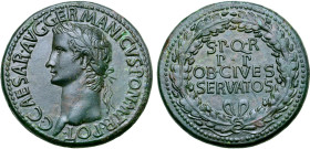 Caligula Æ Sestertius. Rome, AD 37-41. C CAESAR AVG GERMANICVS PON M TR POT, laureate head to left / S•P•Q•R P•P OB•CIVES SERVATOS in four lines withi...